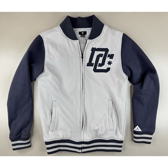 DC Shoes Free Agent Varsity Bomber Jacket Mens S Gray Navy Logo Zip-Up Skate Y2K - Picture 1 of 11